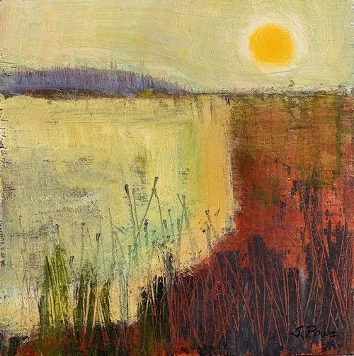 Abstract landscape painting with horizontal bands of yellow sun, reddish earth tones, and muted greens against a pale sky.