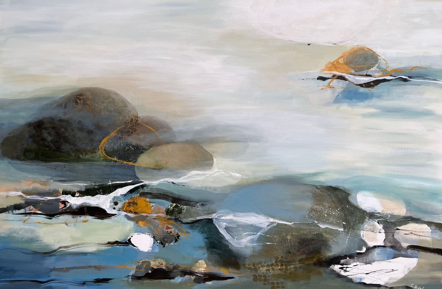 Abstract landscape painting with flowing blue and gray tones creating a misty coastal atmosphere.