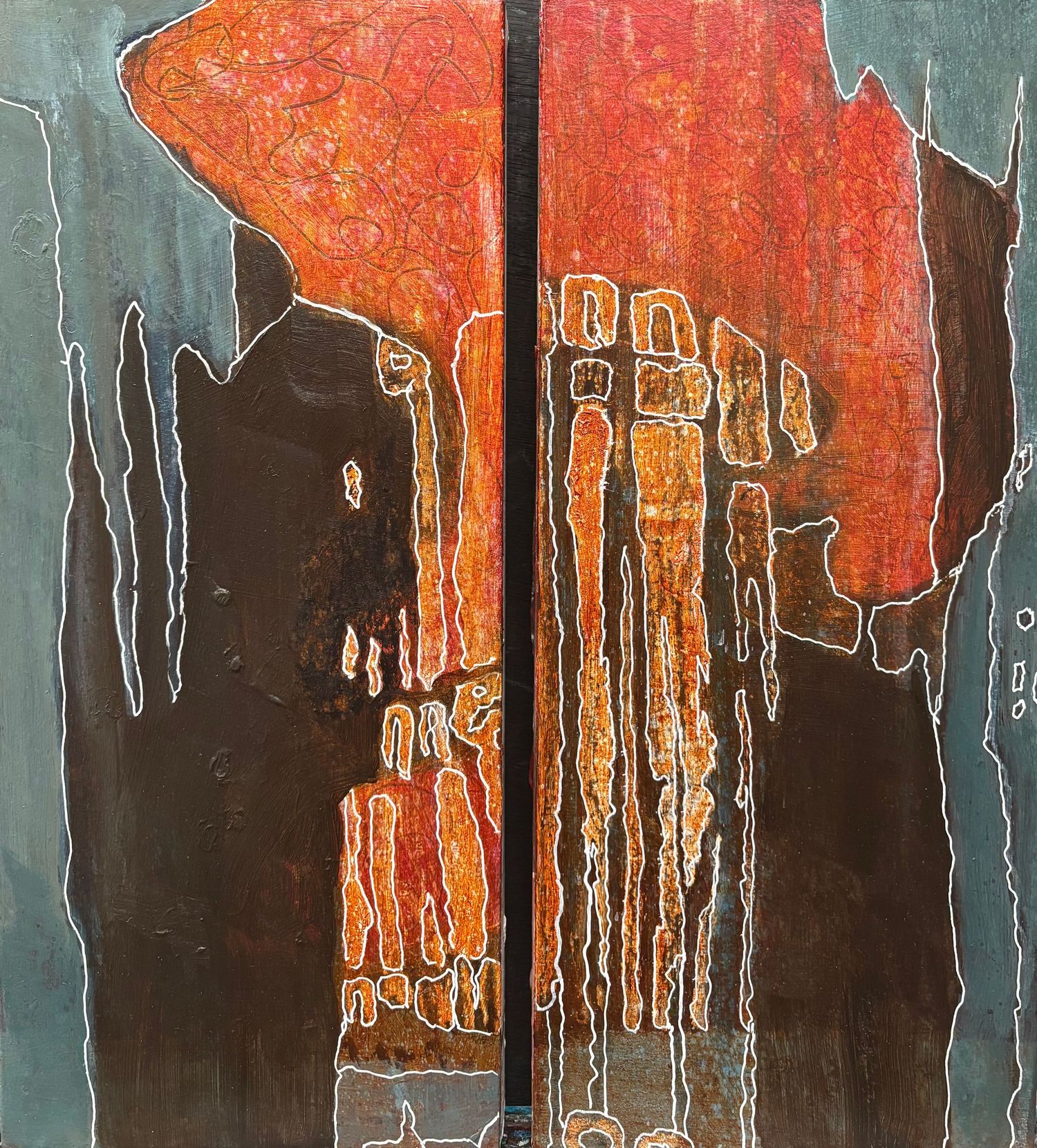 Abstract diptych painting with vertical dripping lines in orange and teal blue against a dark background with fine white line accents