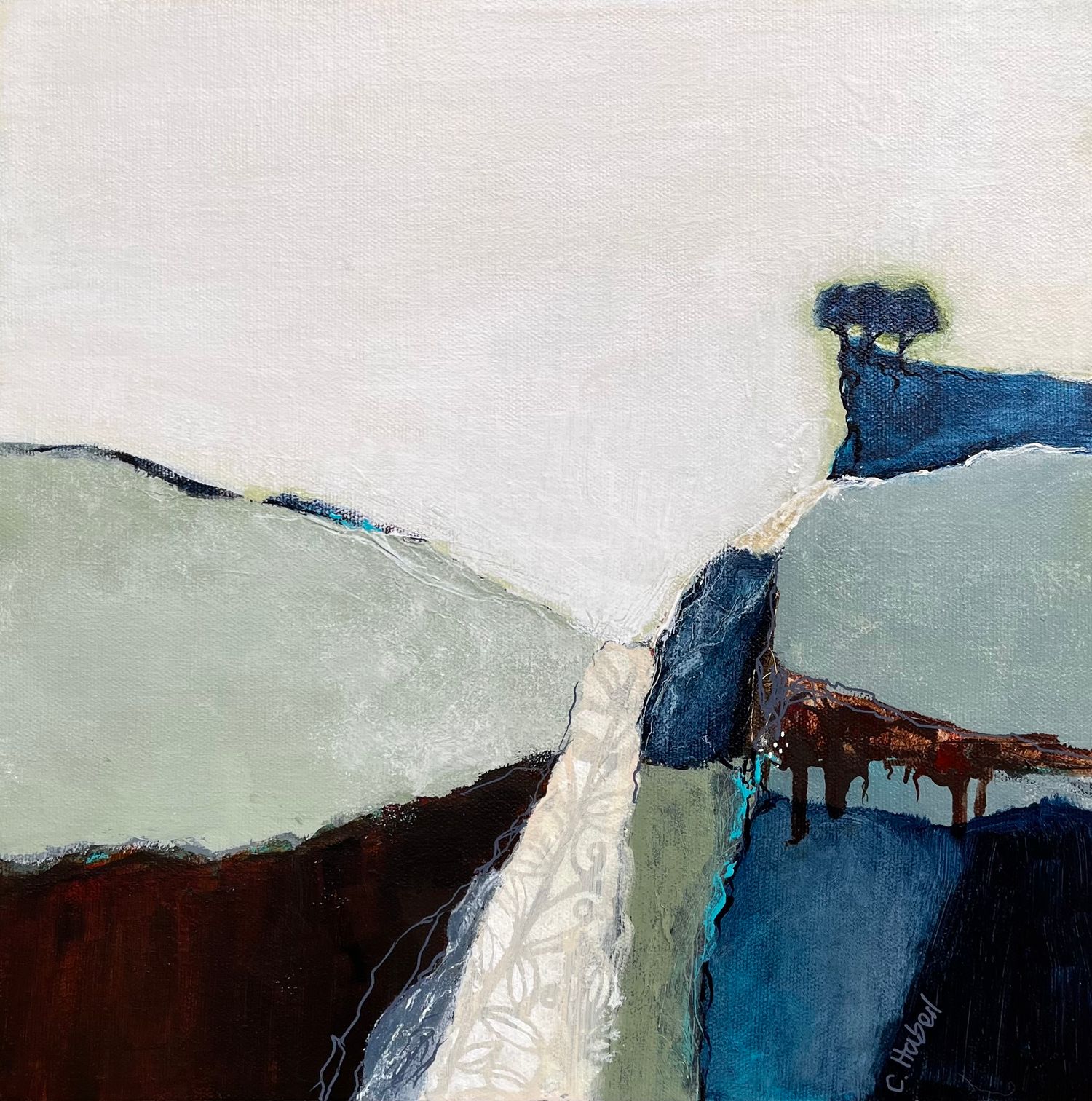 Abstract painting with bold strokes of blue, white and brown colors creating a dynamic geometric composition.