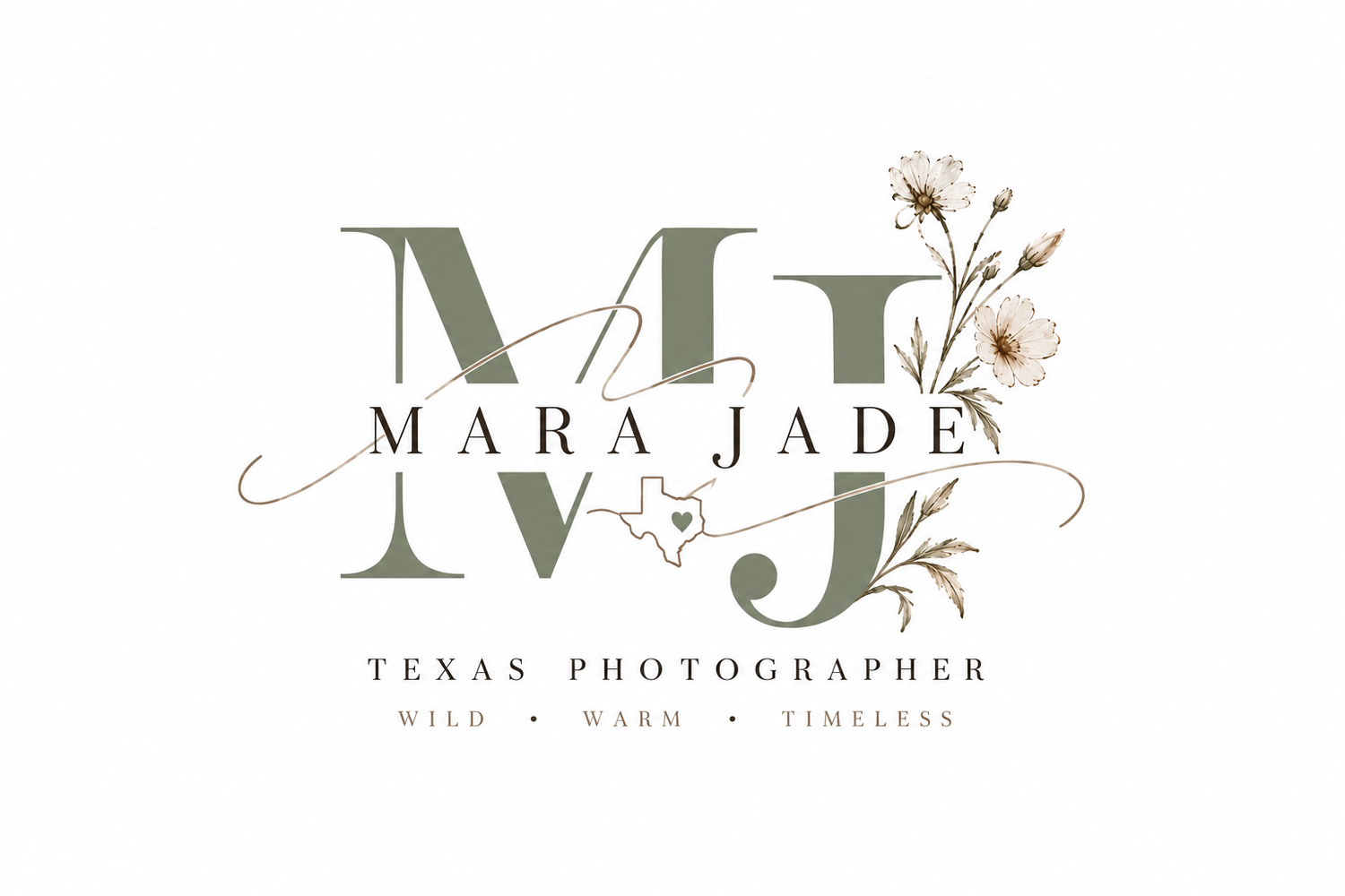 Mara Jade Texas Photographer logo with elegant floral design and MJ monogram in sage green.