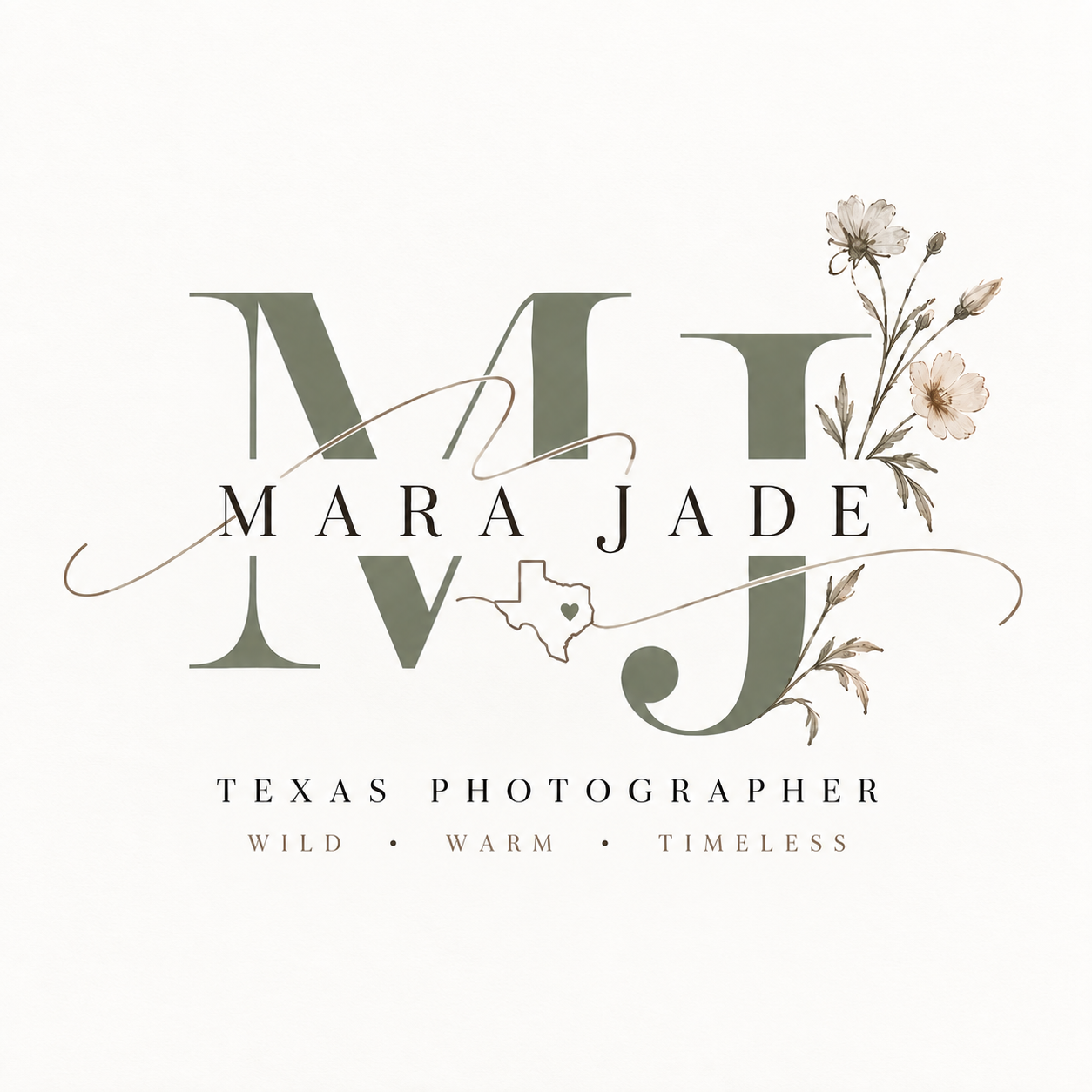 Mara Jade Texas Photographer logo with floral accents, tagline Wild Warm Timeless.