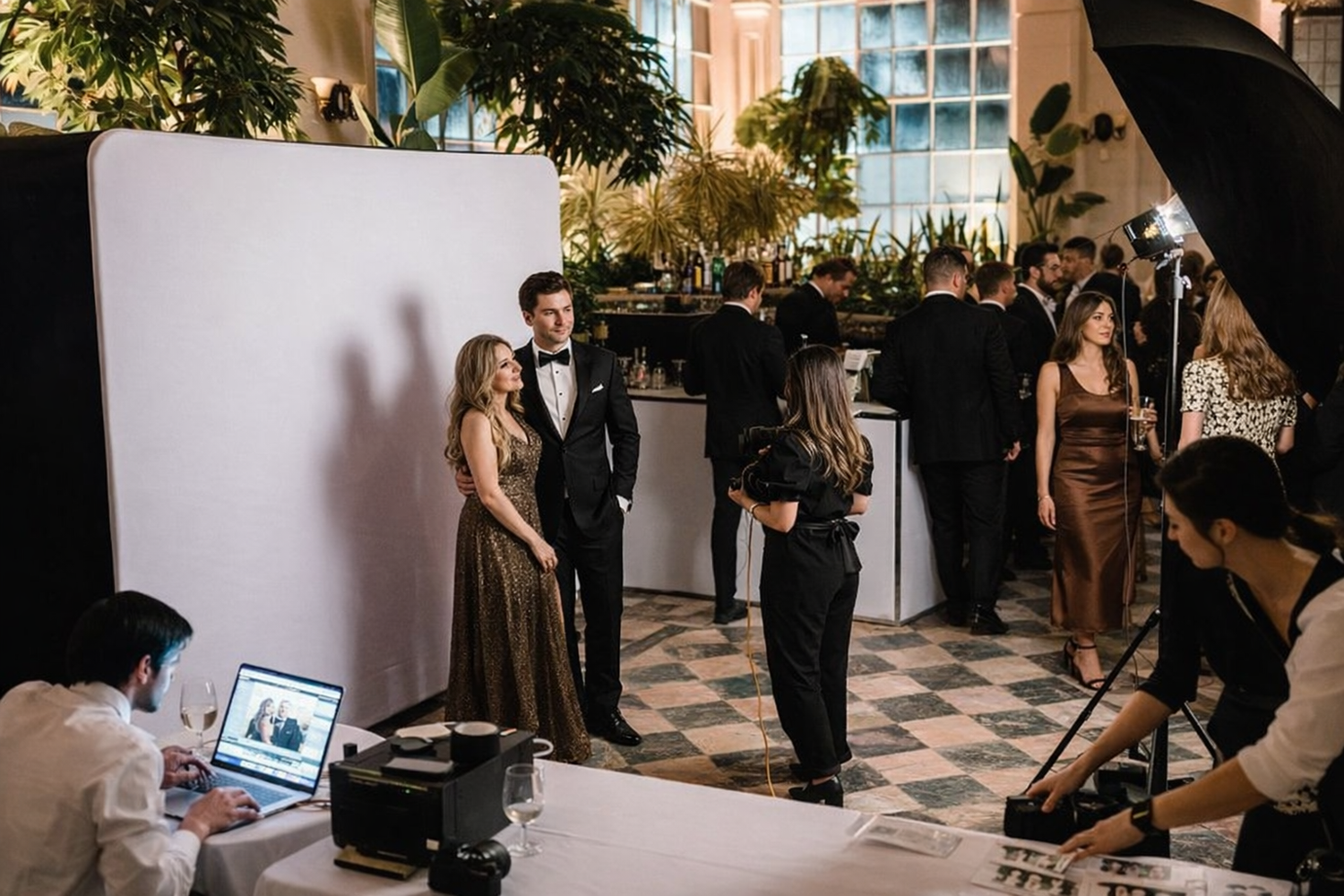 behind the scenes wedding guest portrait station