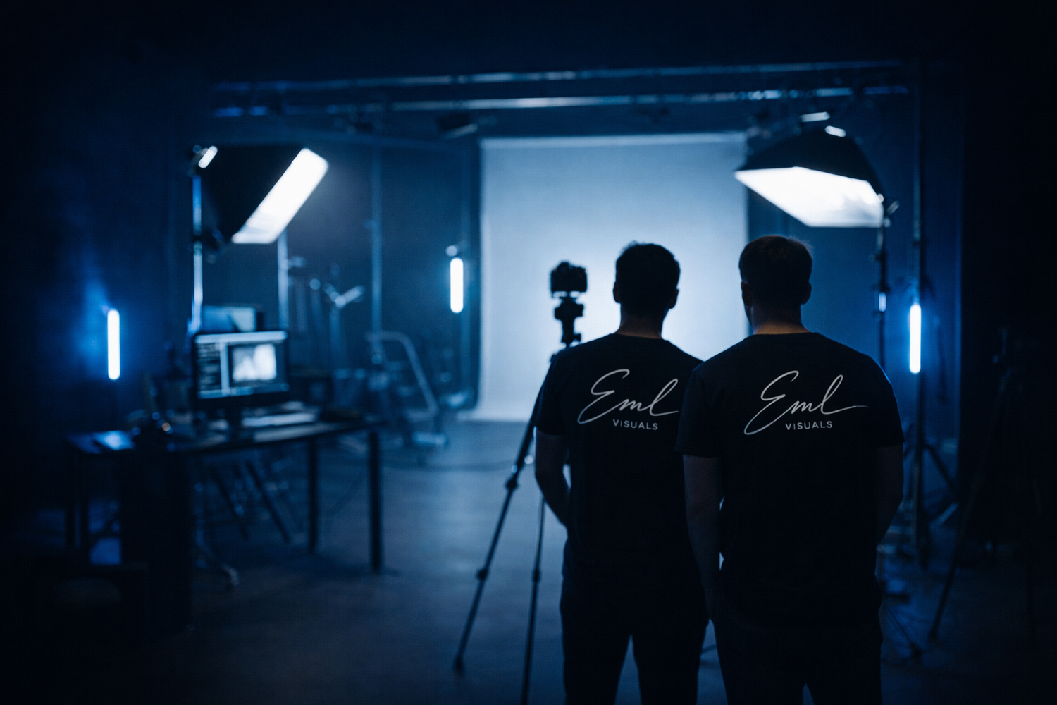 Installation de shooting photo en coulisses dans un studio sombre, avec un éclairage bleu et des silhouettes en contre-jour.