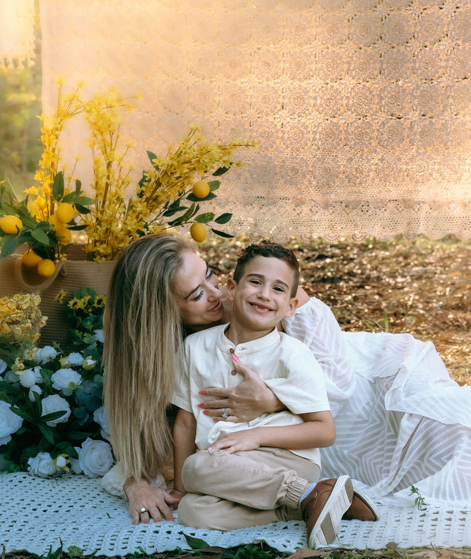 A series of five candid photos showing tender moments between parent and child on a light colored background.