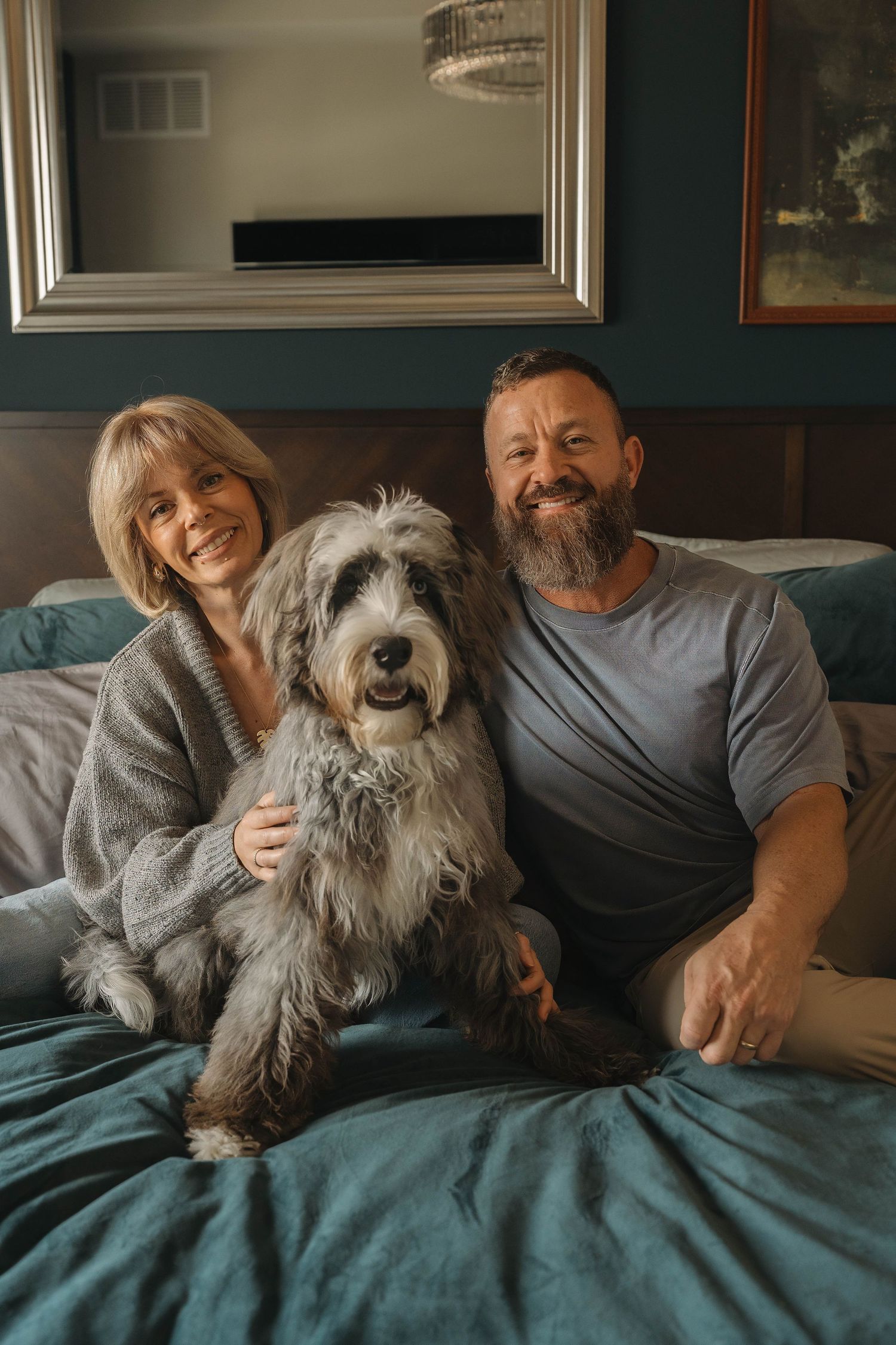 A scruffy grey dog relaxes on a teal couch with others in a cozy living room.