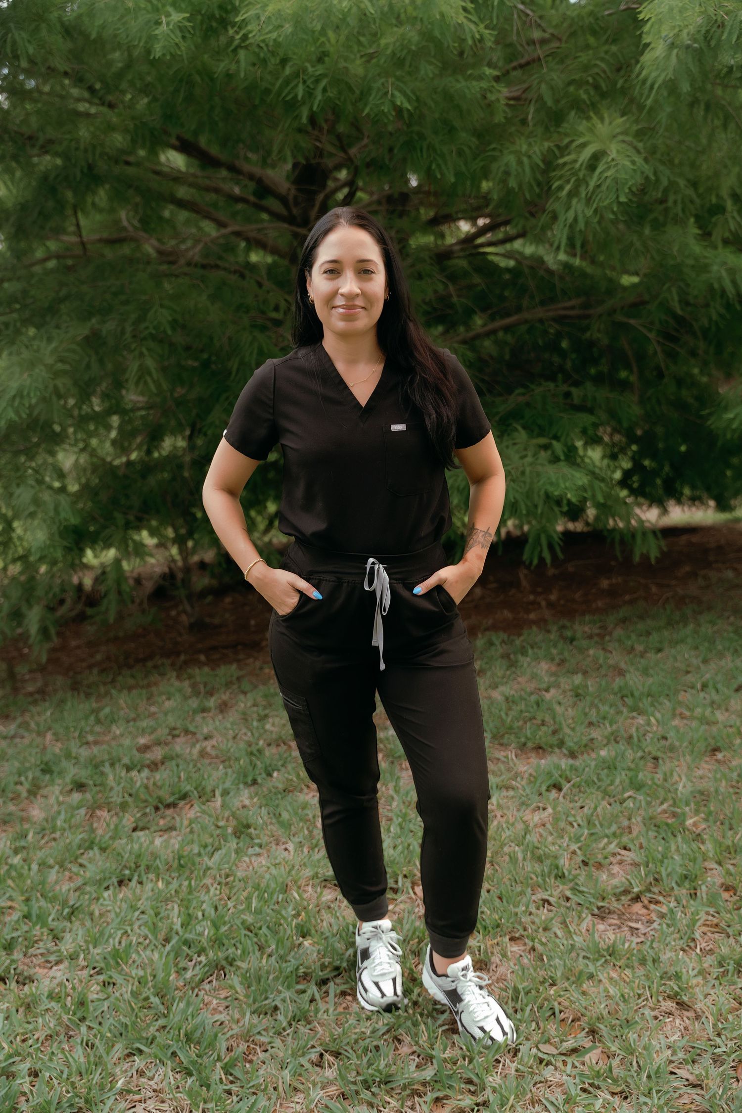 A series of outdoor portraits in black athletic wear against a green foliage background.
