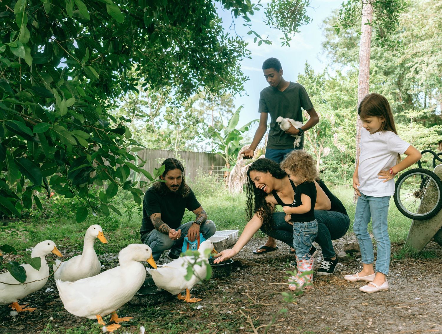 Family feeding white ducks outdoors in a lush green garden setting.