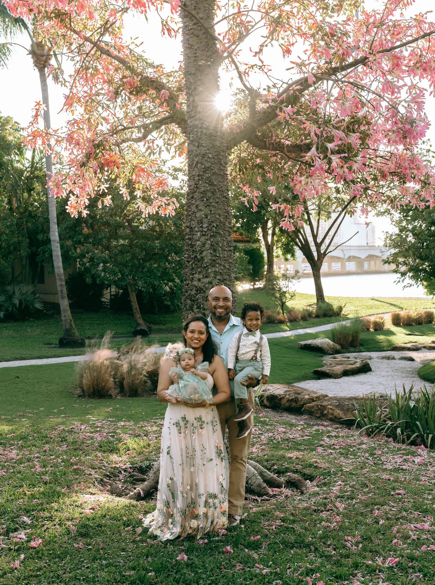 A romantic photo session under blooming pink cherry blossom trees in a park setting.