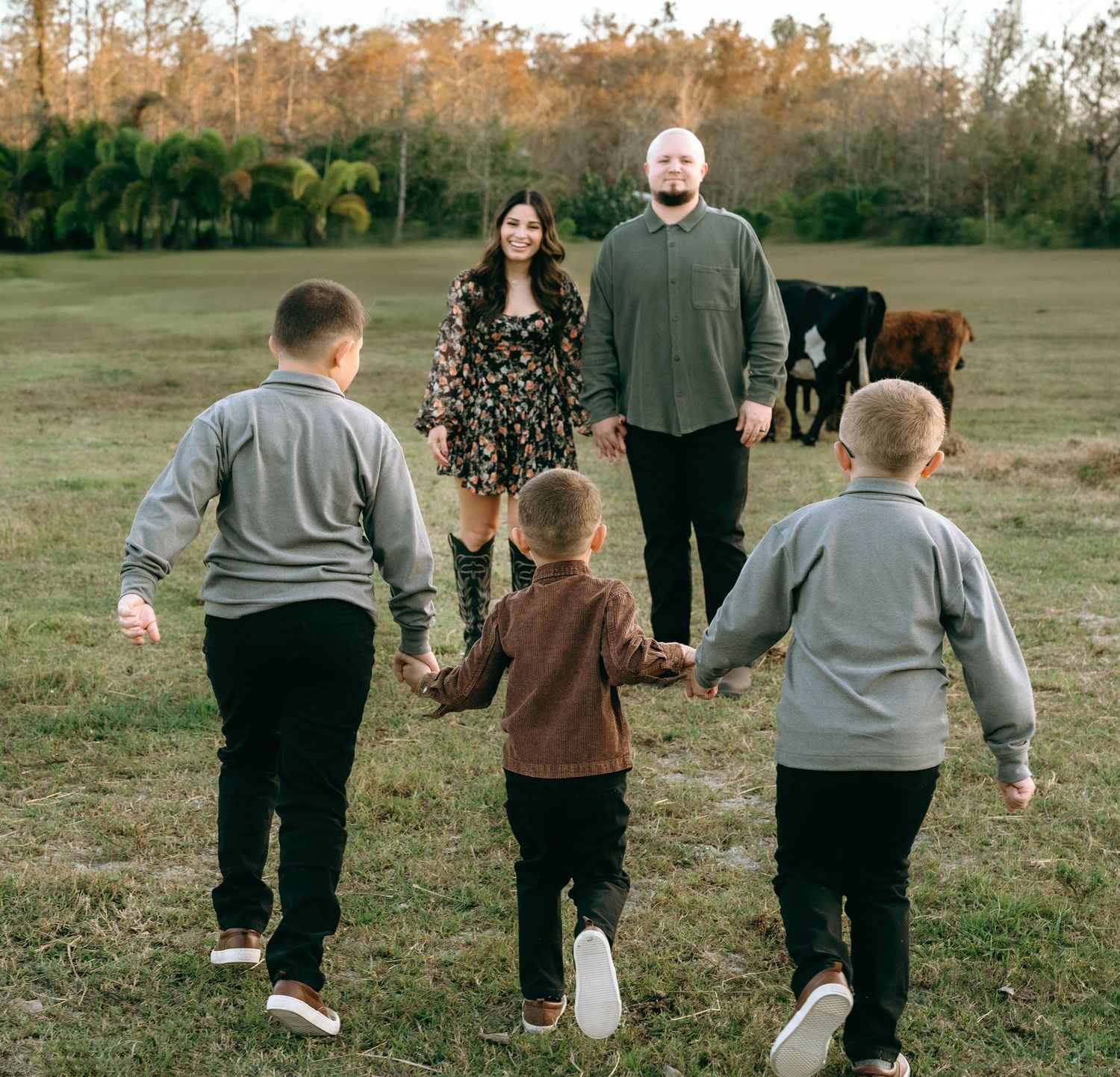 Family of five walking through a green field at sunset with cattle grazing in the background at Colt Farms in Boynton Beach FL..