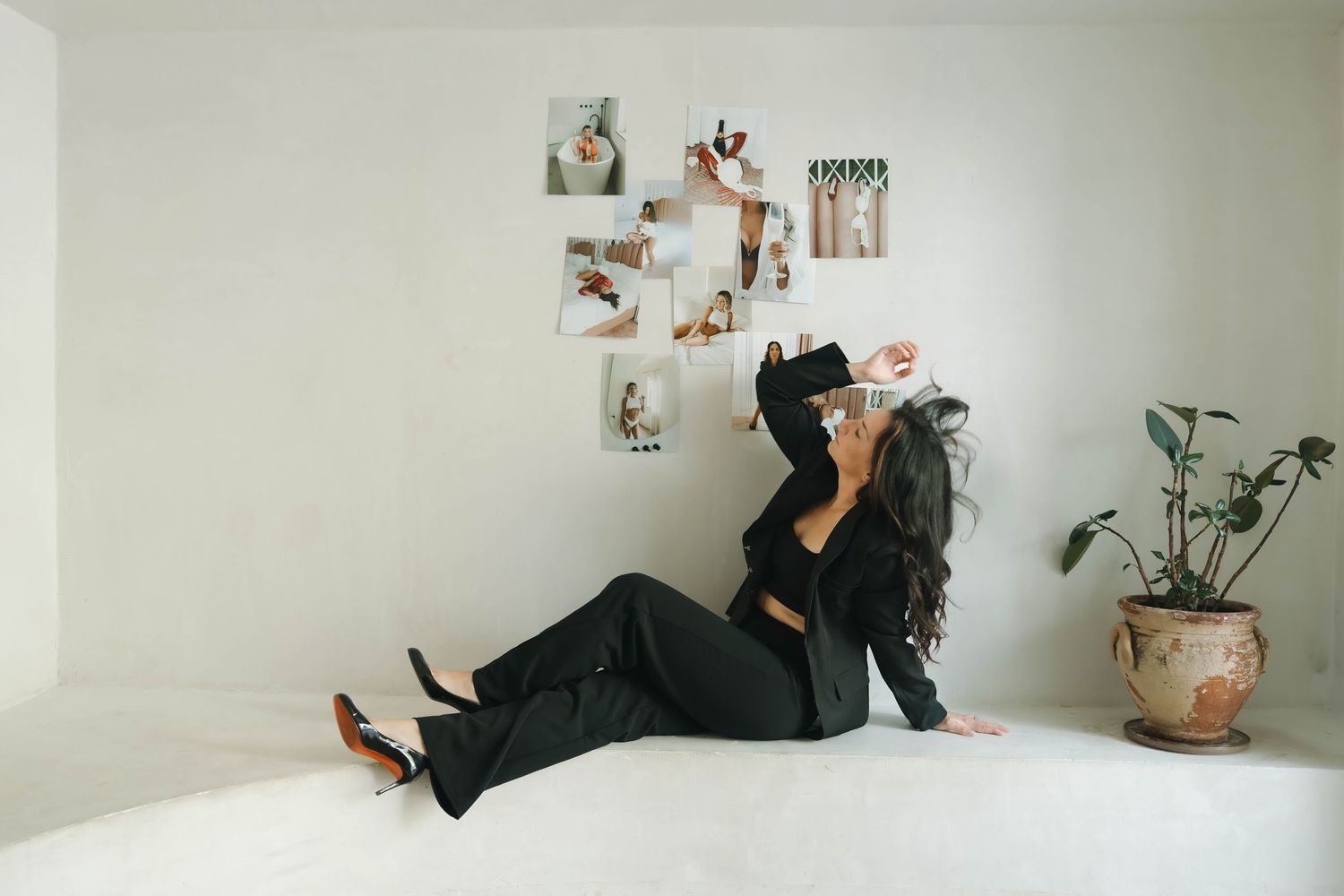 Series of artistic photos showing someone laying on a white floor with scattered photos.