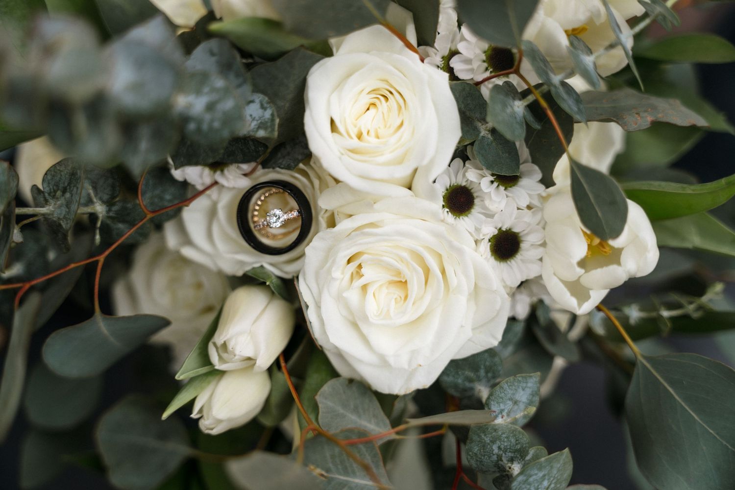 Wedding rings nestled among white roses and eucalyptus leaves in an elegant floral arrangement.