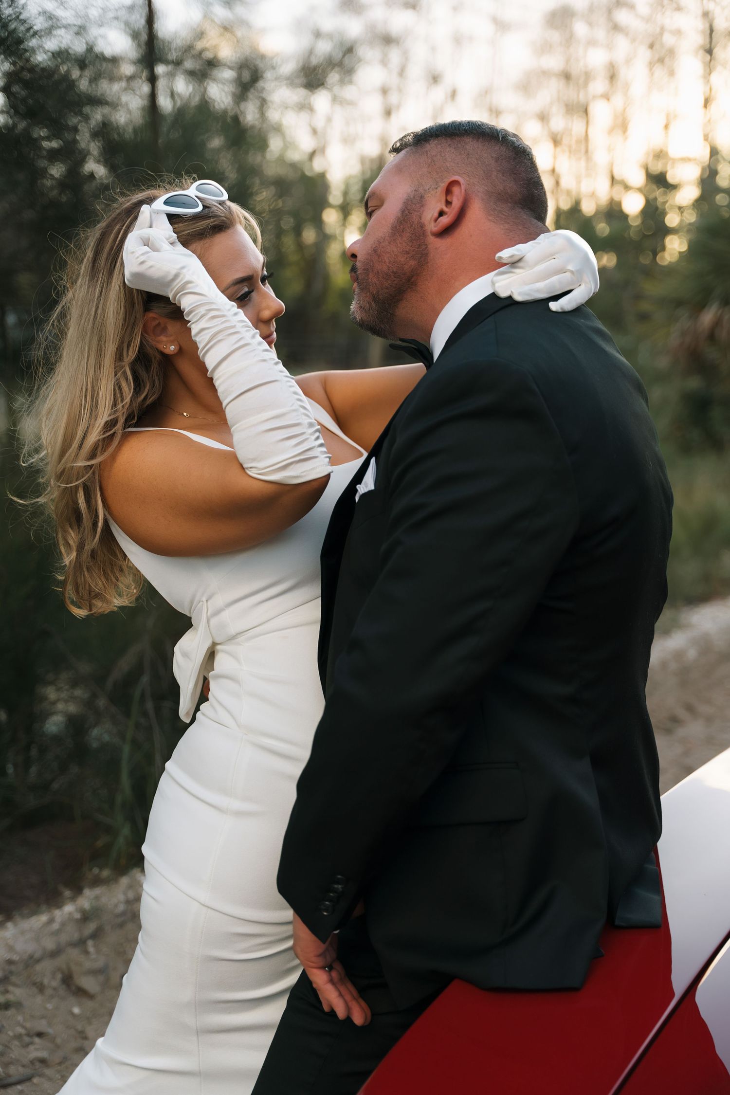 A romantic series of wedding photos showing intimate moments between newlyweds in formal attire.