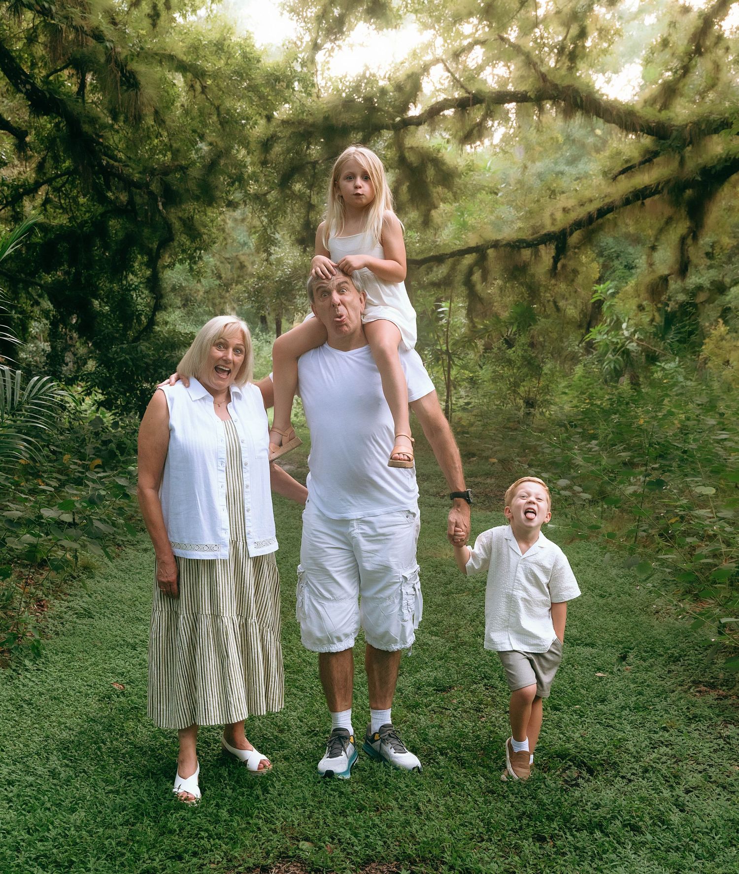 Candid family moments captured in a green garden setting.