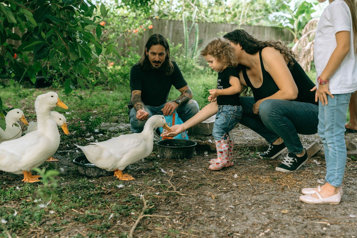 Family feeding white ducks outdoors in a lush garden setting with a young child in pink boots.