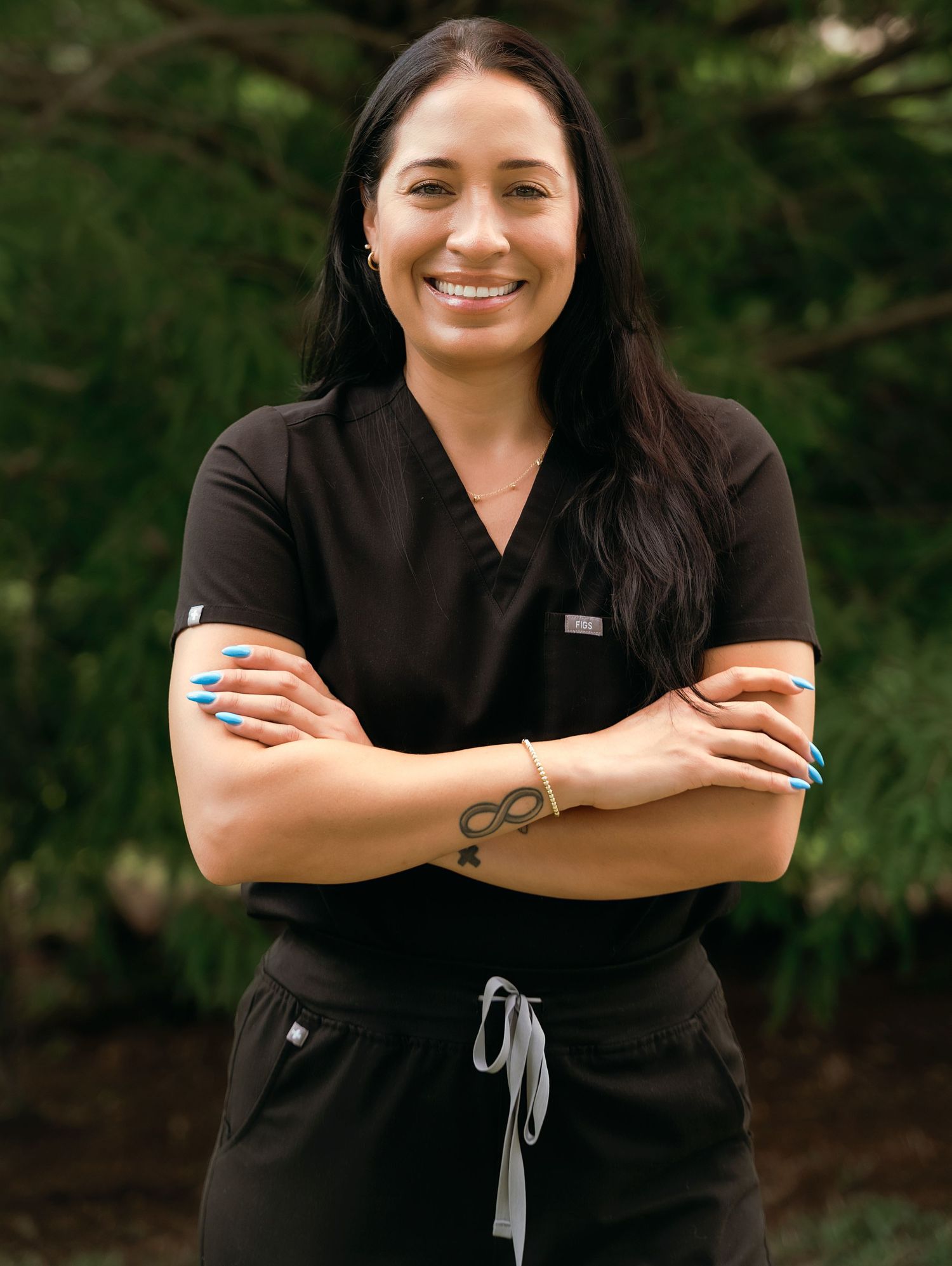 Professional headshots showing confident poses in black attire against natural greenery.