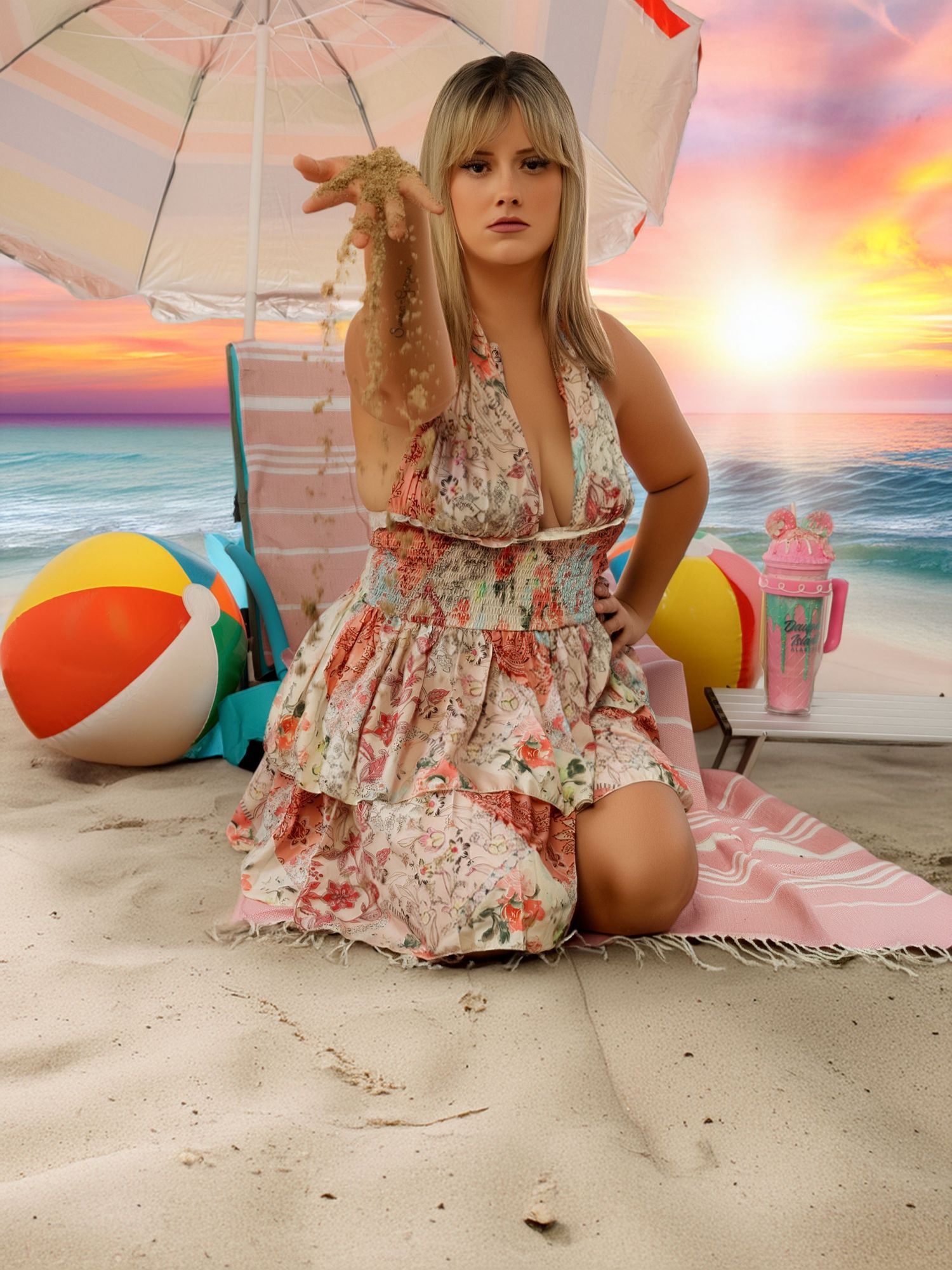 Beach scene with umbrella, beach balls and floral dress against sunset backdrop.