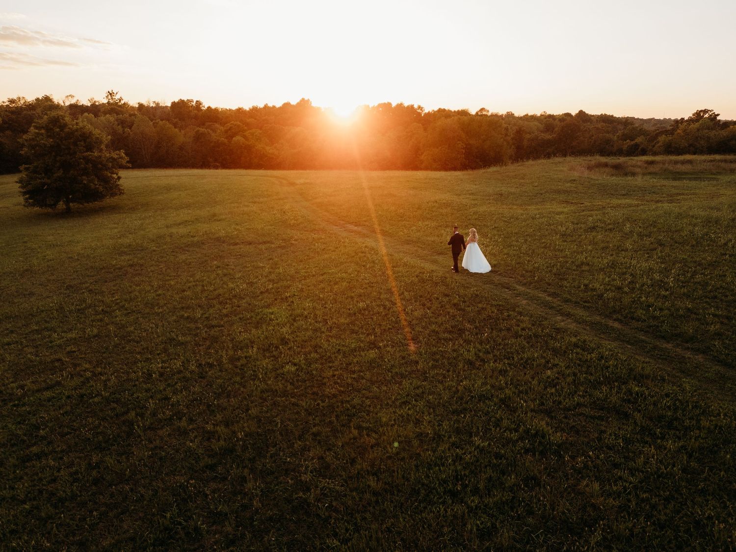Golden sunset over a rural field with silhouettes creating a dreamy wedding scene at Cornerstone Acres.