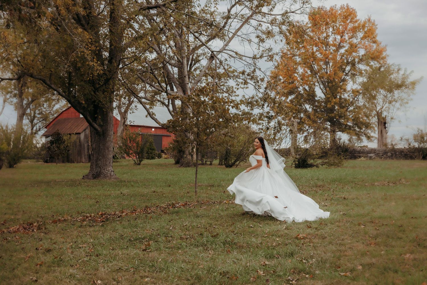 A bride in a flowing white gown twirls in a rustic field with red barn and autumn trees in background.