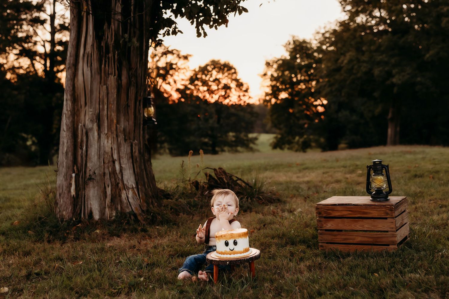 Sunset photography session in a serene meadow with golden light filtering through trees.