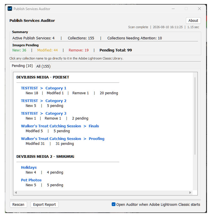 Publish Services Auditor software interface screenshot showing collection statistics in Adobe Lightroom Classic