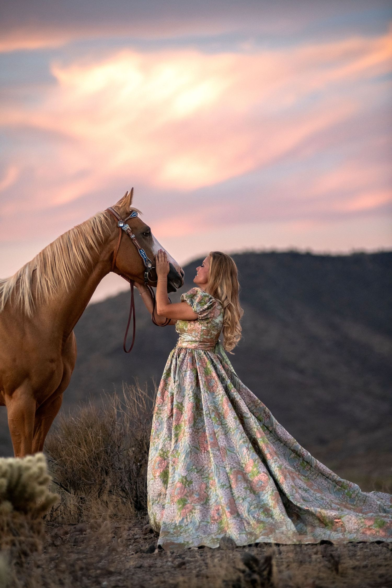 A majestic horse and elegant dress silhouetted against a pink sunset sky in a mountain setting.