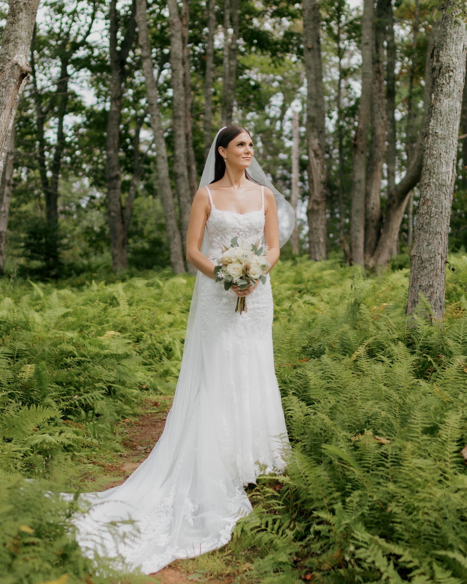 A bride in a lace wedding dress stands elegantly among ferns in a wooded forest setting holding a bouquet.