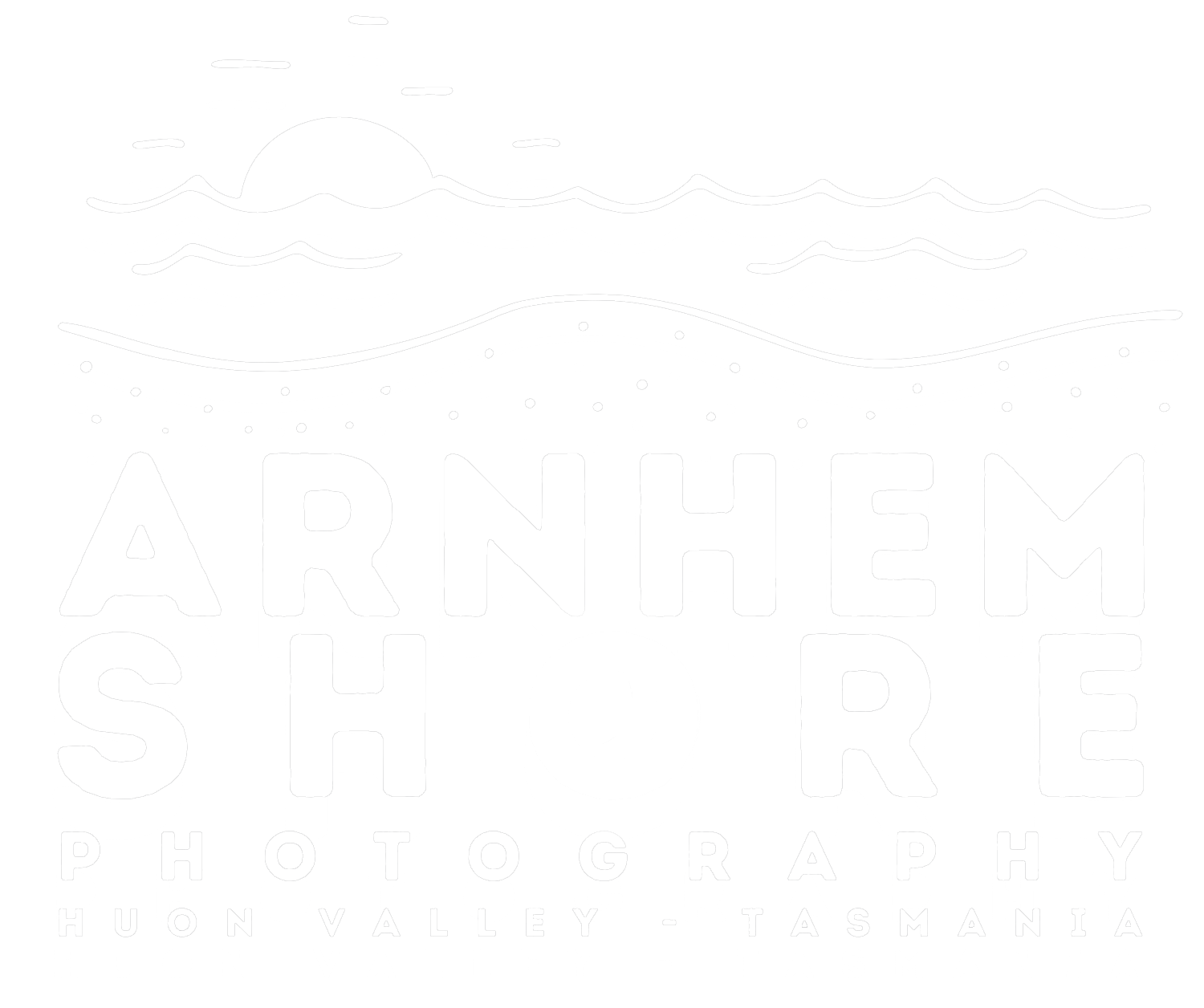 White logo design for Arnhem Shore Photography featuring waves, sun, and mountains against a dark background.