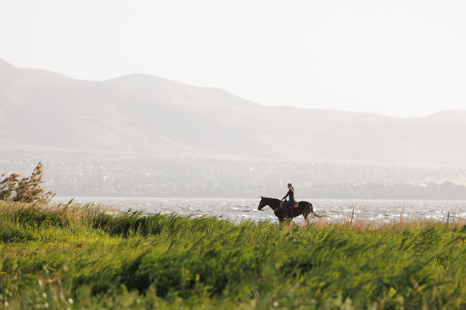 A scenic view of a horseback rider on a coastal path with mountains and a lake in the background.