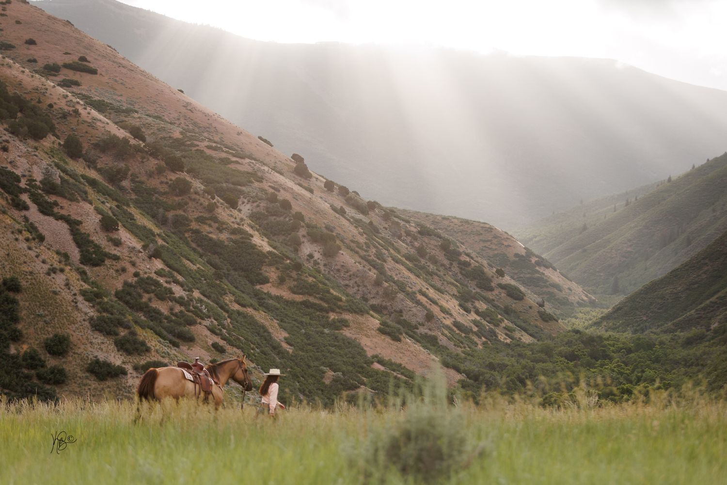 A girl walking her western horse in scenic mountain valley landscape with rugged terrain and dramatic clouds.