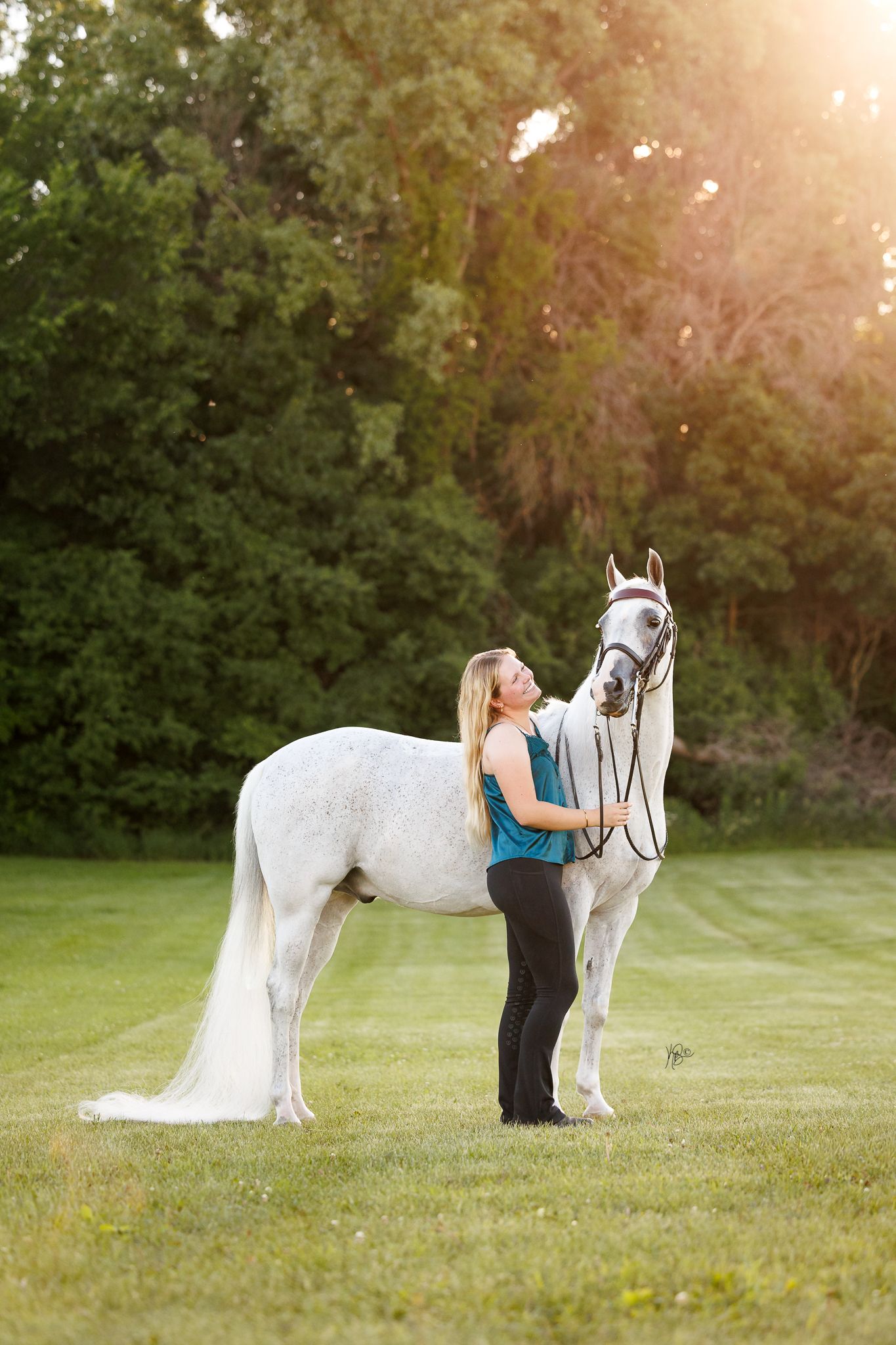 Woman in teal top embraces white horse on green lawn with sunlit trees in background.
