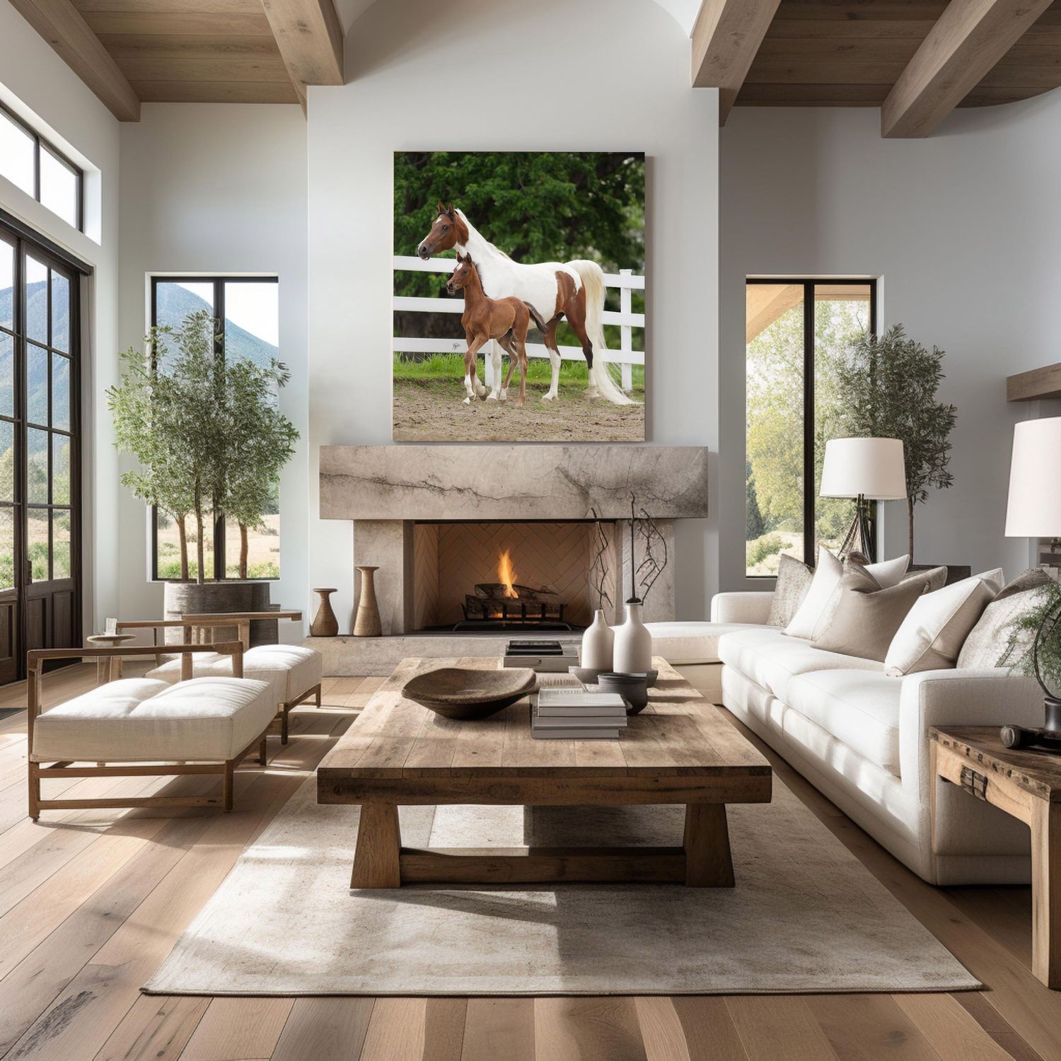 A bright farmhouse living room with a metal photo print of a mare and foal on display above the fireplace.