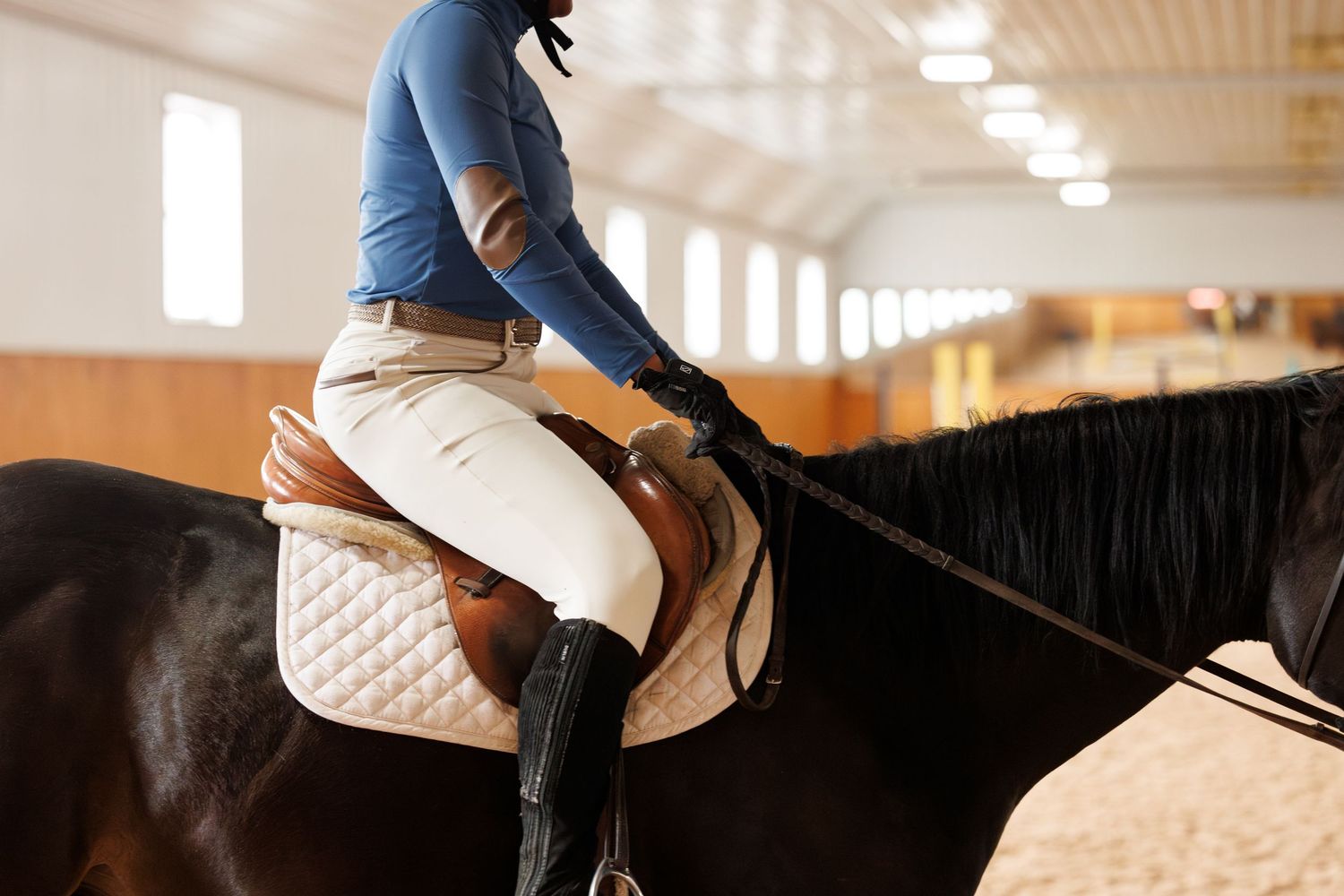 Equestrian rider in white breeches and blue shirt sits atop a dark horse in an indoor riding arena.
