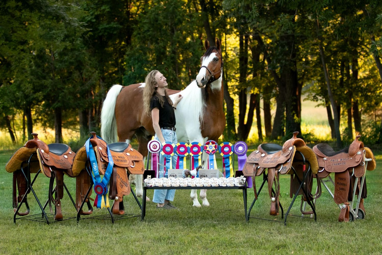 a young equestrian woman standing next to her pinto horse, behind a row of four trophy saddles, many belt buckles, ribbons, and awards