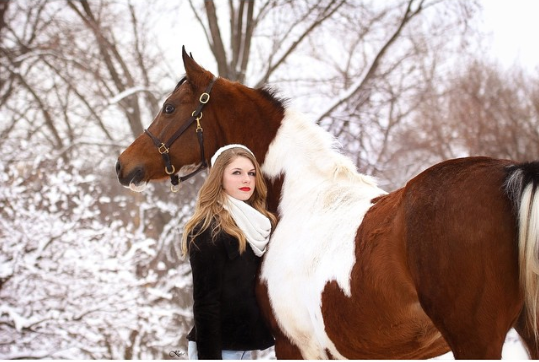 Paint horse and rider photographed in snowy winter setting.