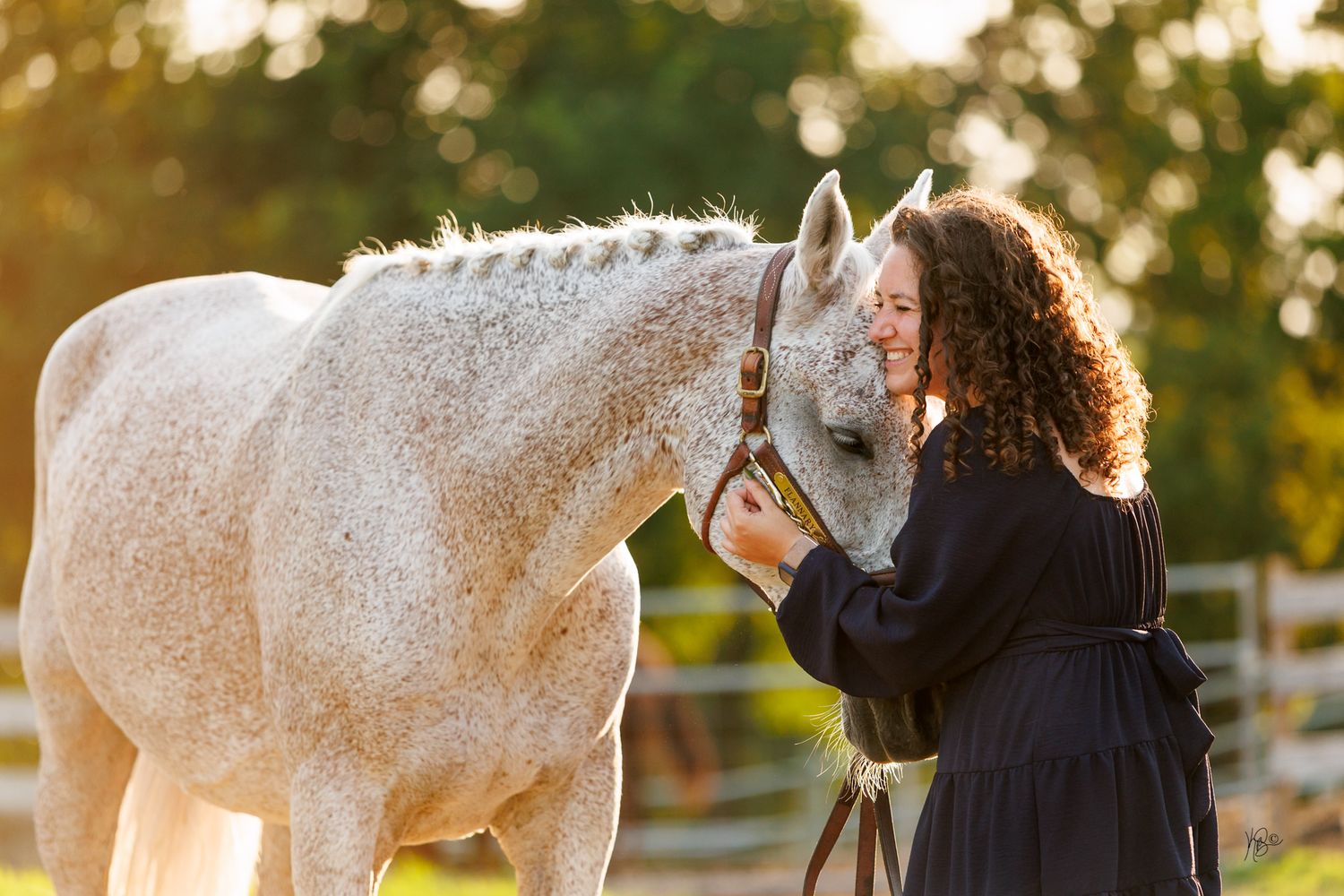 A girl embracing the face of her flea bitten grey horse on a bright and sunny day.