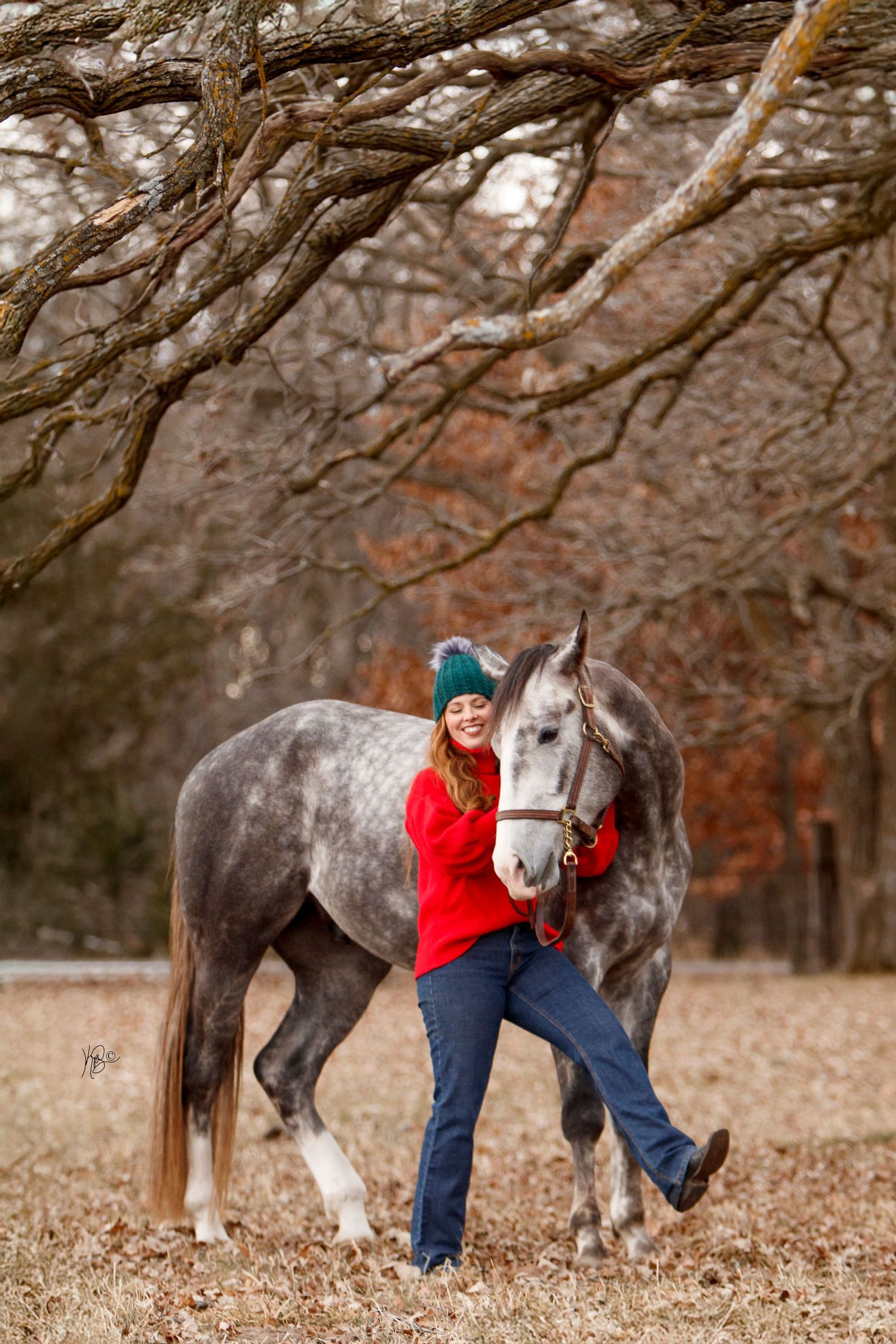 A grey quarter horse pushes his head into his owner, she is in a red sweater and laughing as she is knocked off balance