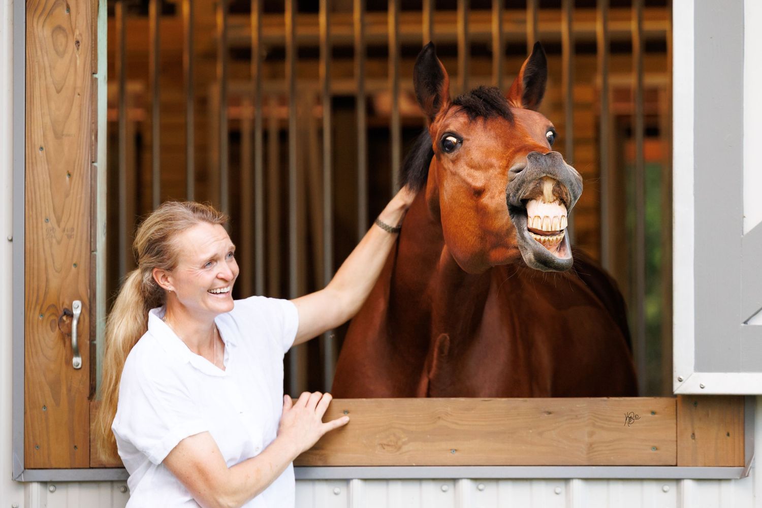 Woman smiling while petting her horse who's making a funny face out of a stable window.