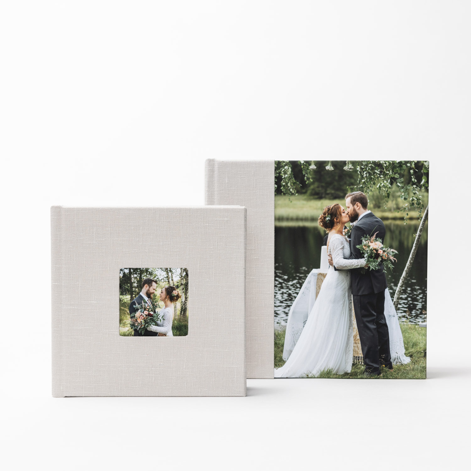 A series of photo albums arranged in a minimalist layout on a white background.