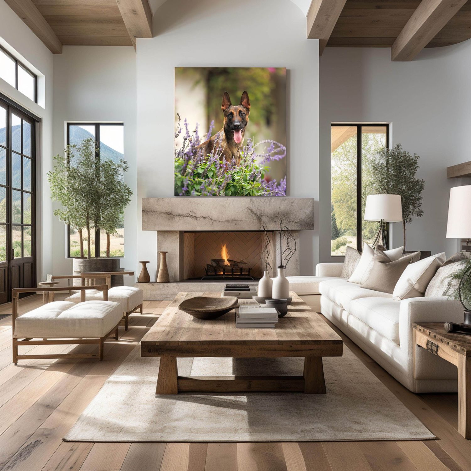 A bright farmhouse living room with a metal photo print of a dog in the flowers on display above the fireplace.