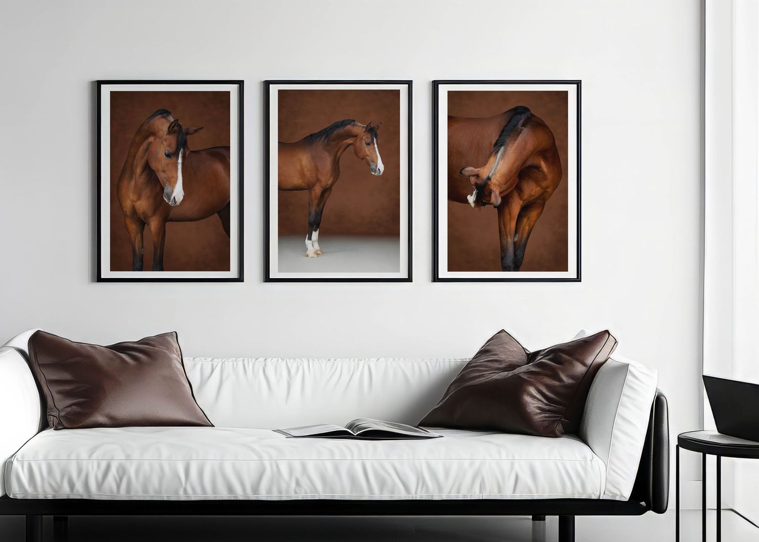 Modern living room interior with white sofa and three framed brown horse fine art photographs displayed on wall.