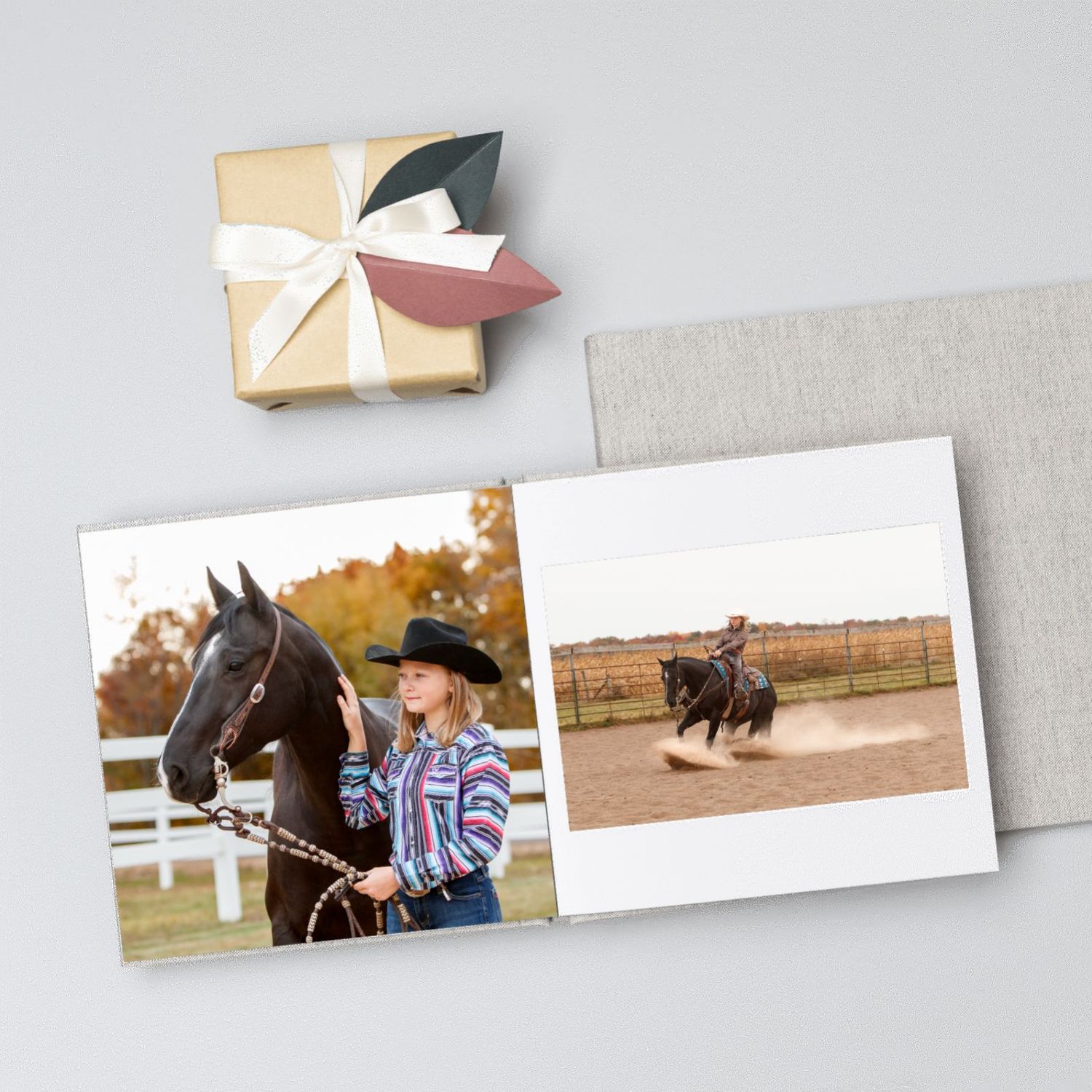 Preview of a custom photo album with horse and rider photos.