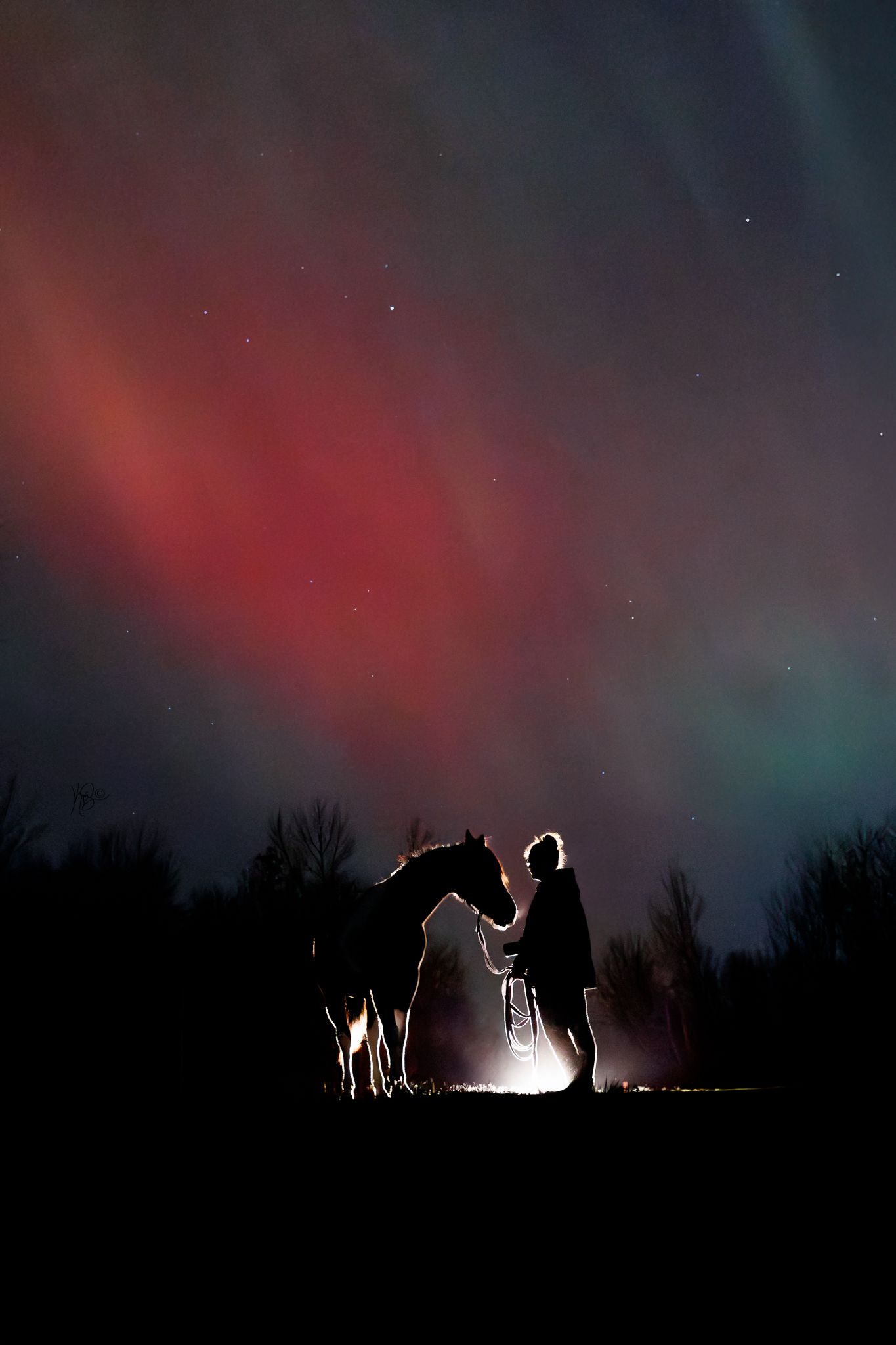 silhouette of a girl and her horse, backlit by headlights against the colorful sky filled with red auroras