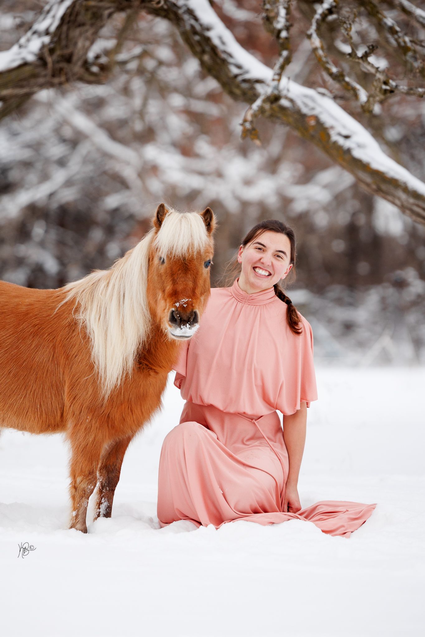 A chestnut pony with blonde mane poses with owner in a pink dress in a snowy winter setting.