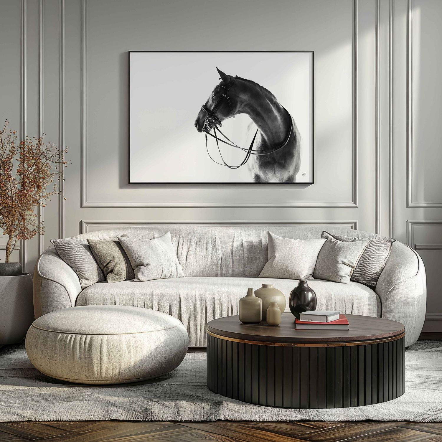 Minimalist living room with curved white sectional sofa, round coffee table, and modern black and white horse wall art.