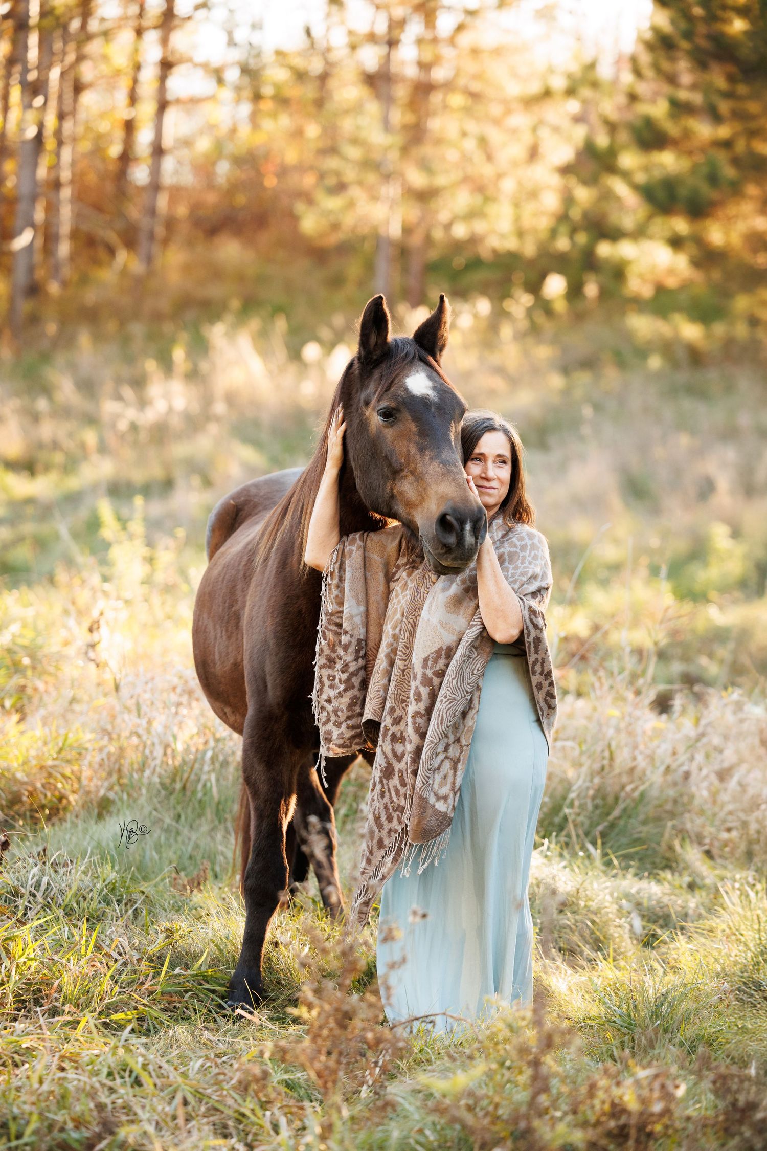Woman in a dress and her dark bay horse stand in golden field with soft evening light filtering through trees.