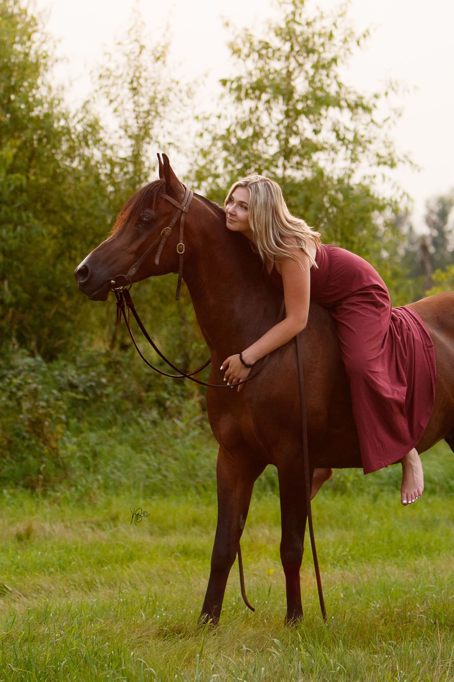 Young woman bareback on her horse in a dress, hugging his neck in a grassy field.