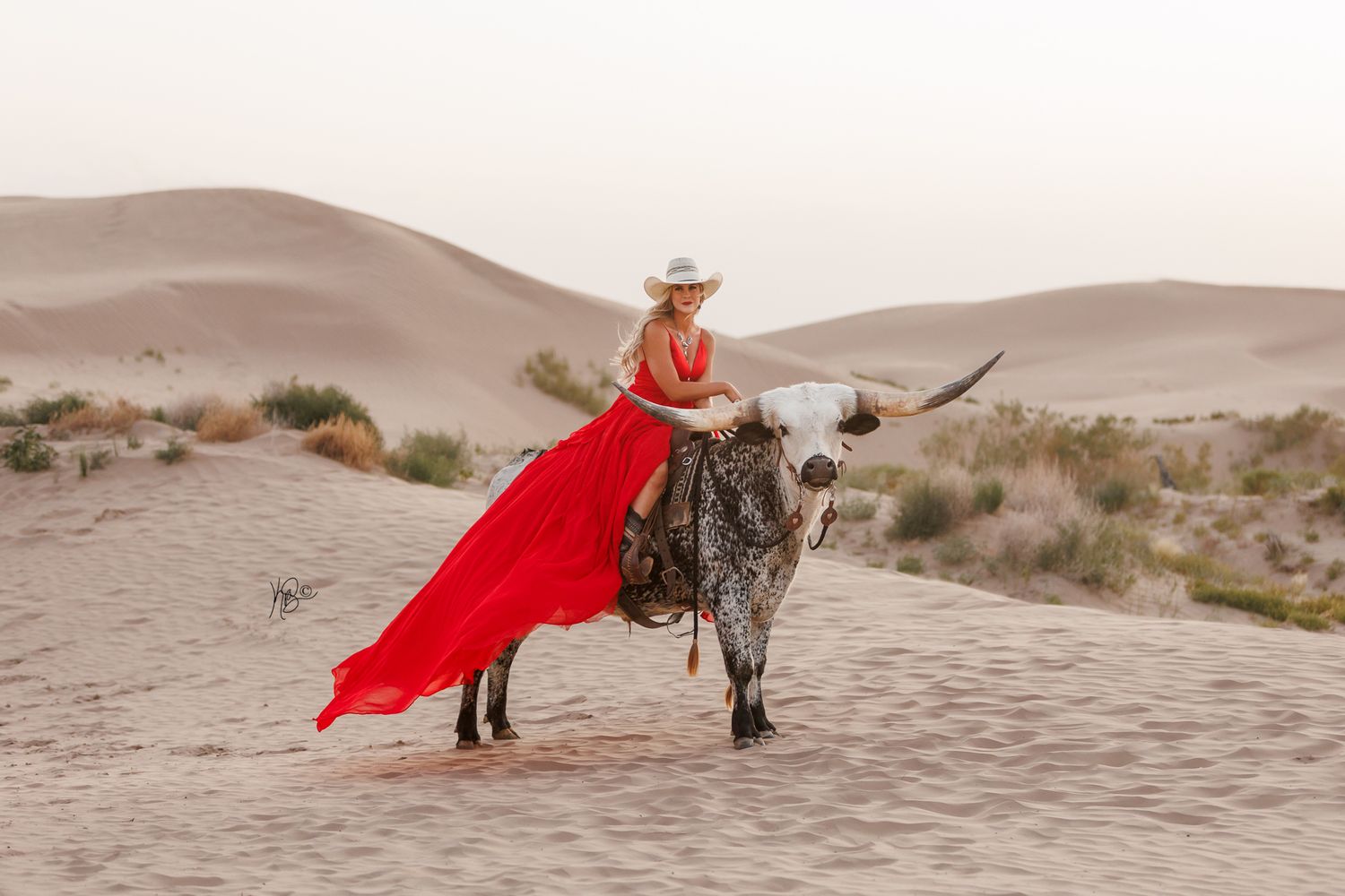 A red cape flows dramatically behind a woman riding a long horn bull in the sand dunes at sunset.