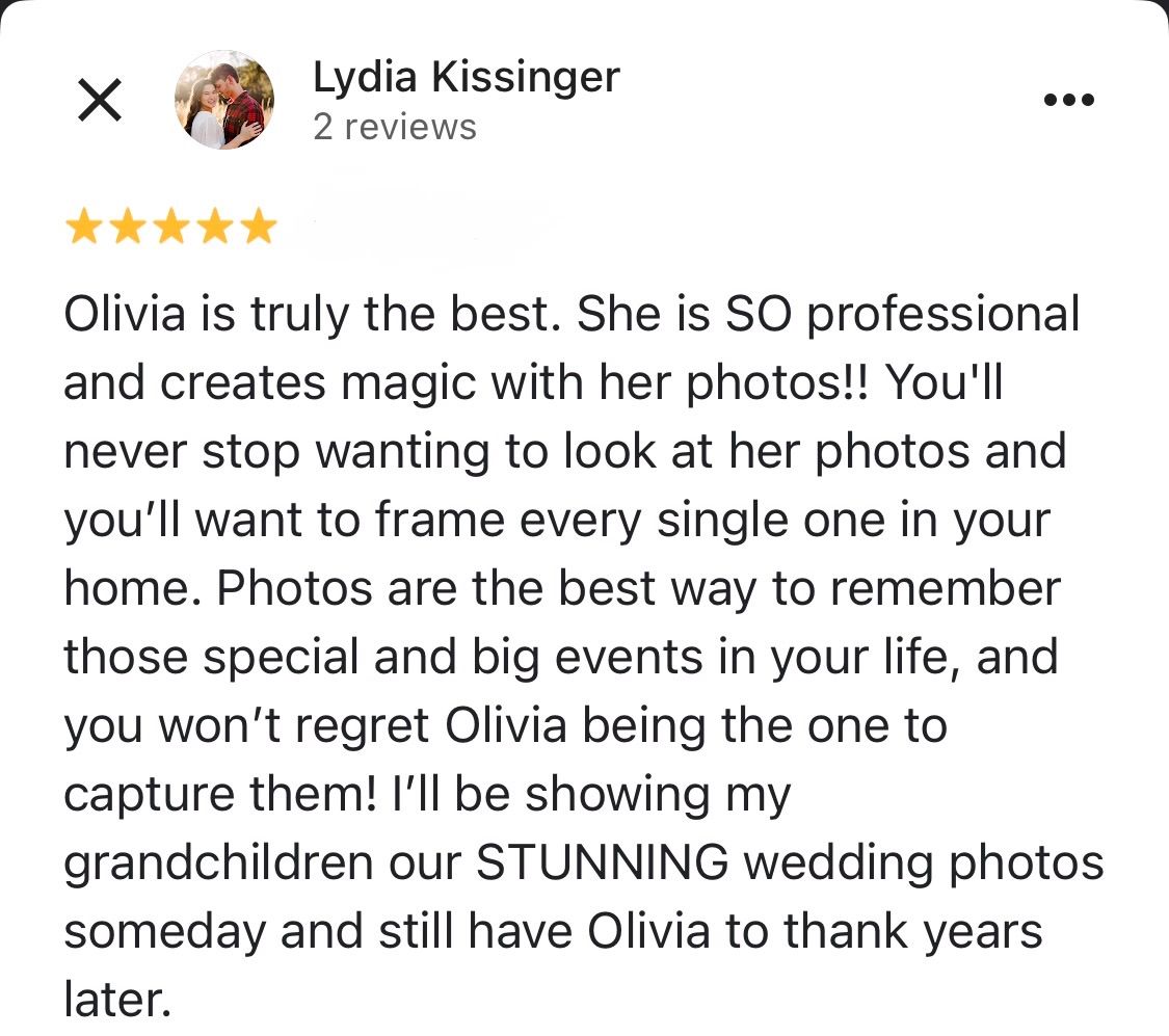 Five-star Google review from Lydia Kissinger praising Olivia's professional wedding photography skills and stunning photo results.