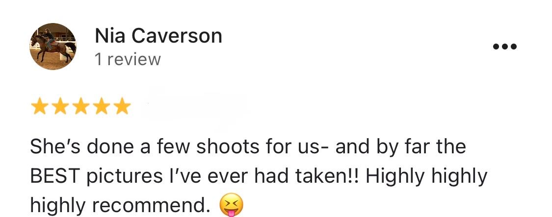 Five-star Google review from Nia Caverson praising a photographer for the best pictures ever taken, highly recommending their shoots.
